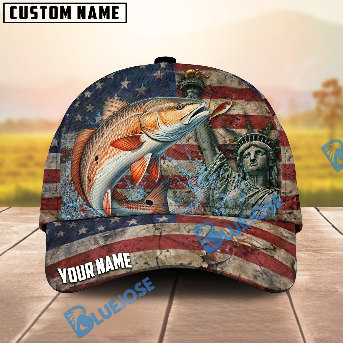 BlueJose Fishing Vintage USA Flag Statue Of Liberty Personalized Name Classic 3D Cap (13 Breeds)