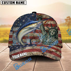 BlueJose Fishing Vintage USA Flag Statue Of Liberty Personalized Name Classic 3D Cap (13 Breeds)