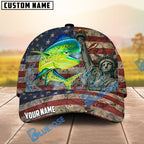 BlueJose Fishing Vintage USA Flag Statue Of Liberty Personalized Name Classic 3D Cap (13 Breeds)