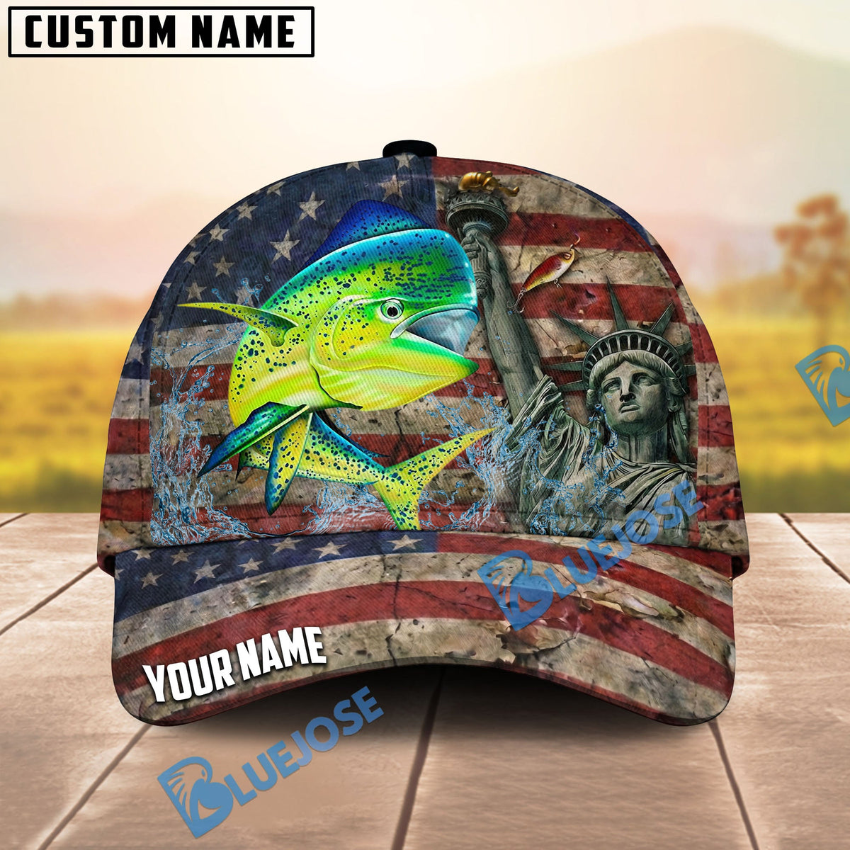 BlueJose Fishing Vintage USA Flag Statue Of Liberty Personalized Name Classic 3D Cap (13 Breeds)