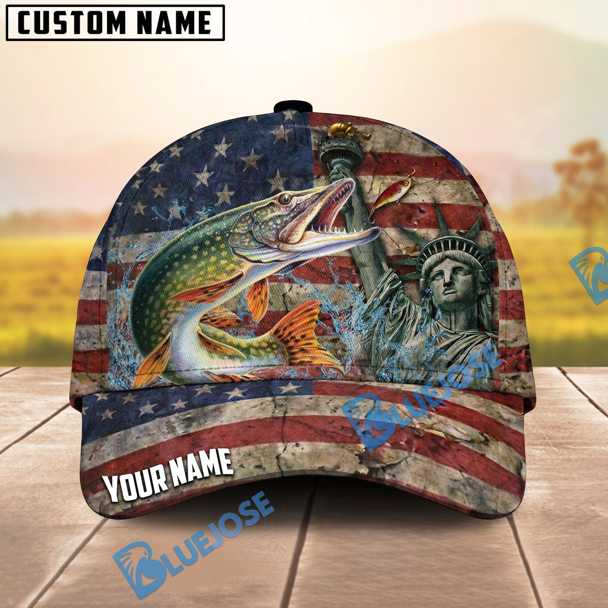 BlueJose Fishing Vintage USA Flag Statue Of Liberty Personalized Name Classic 3D Cap (13 Breeds)