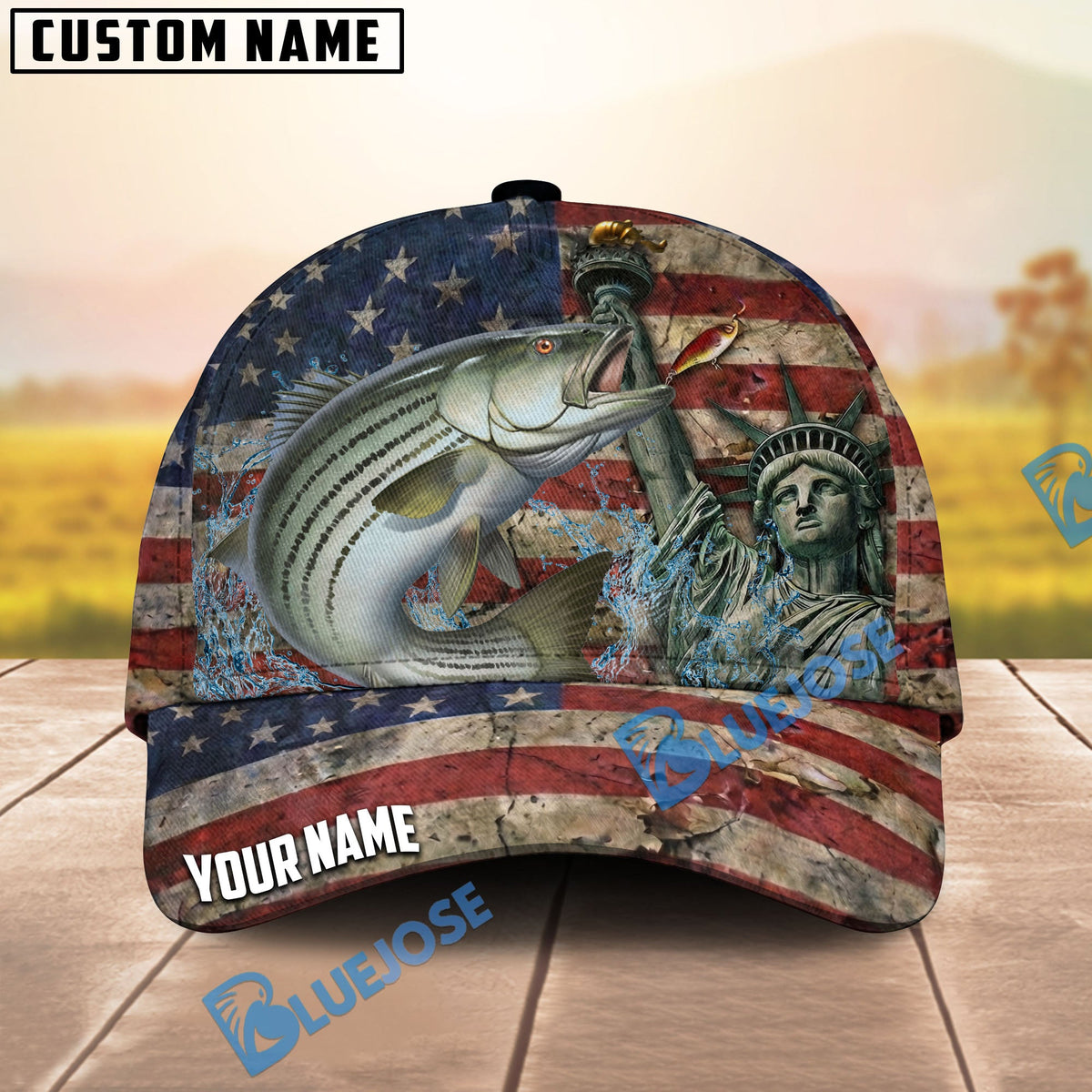 BlueJose Fishing Vintage USA Flag Statue Of Liberty Personalized Name Classic 3D Cap (13 Breeds)
