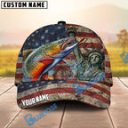 BlueJose Fishing Vintage USA Flag Statue Of Liberty Personalized Name Classic 3D Cap (13 Breeds)