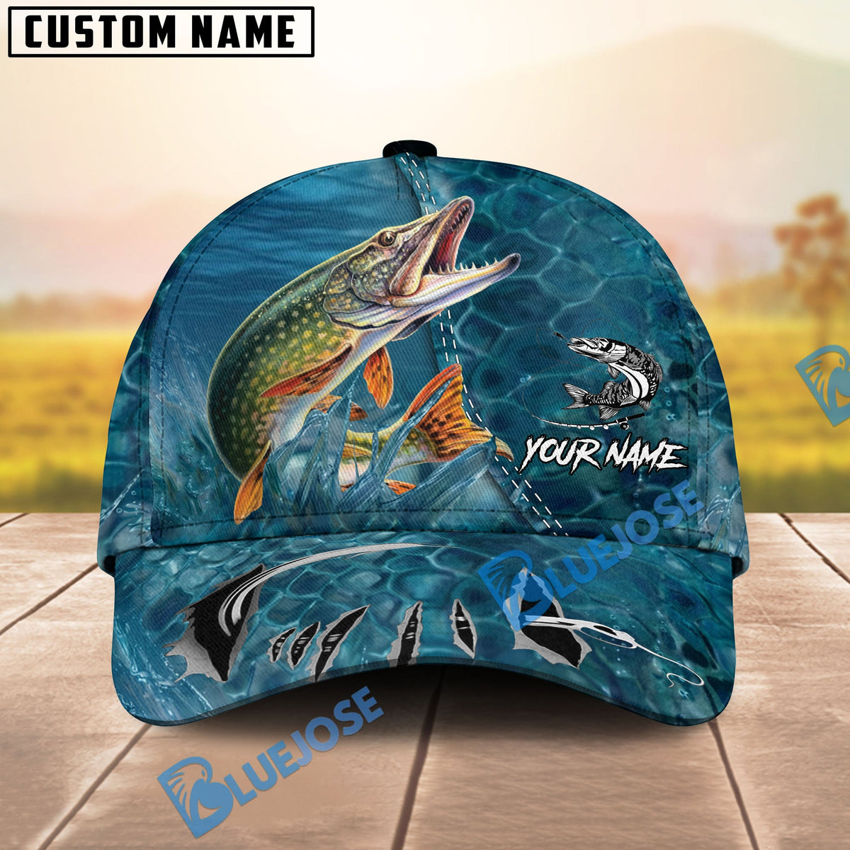 BlueJose Fishing Ocean Blue Underwater Texture Personalized Name Classic 3D Cap (13 Breeds)
