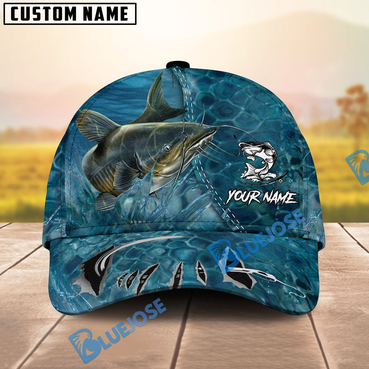 BlueJose Fishing Ocean Blue Underwater Texture Personalized Name Classic 3D Cap (13 Breeds)