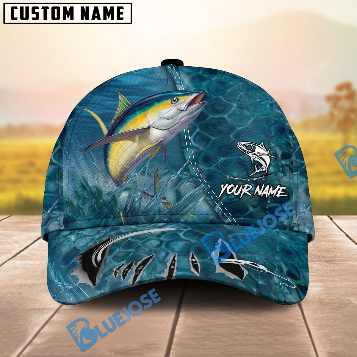 BlueJose Fishing Ocean Blue Underwater Texture Personalized Name Classic 3D Cap (13 Breeds)