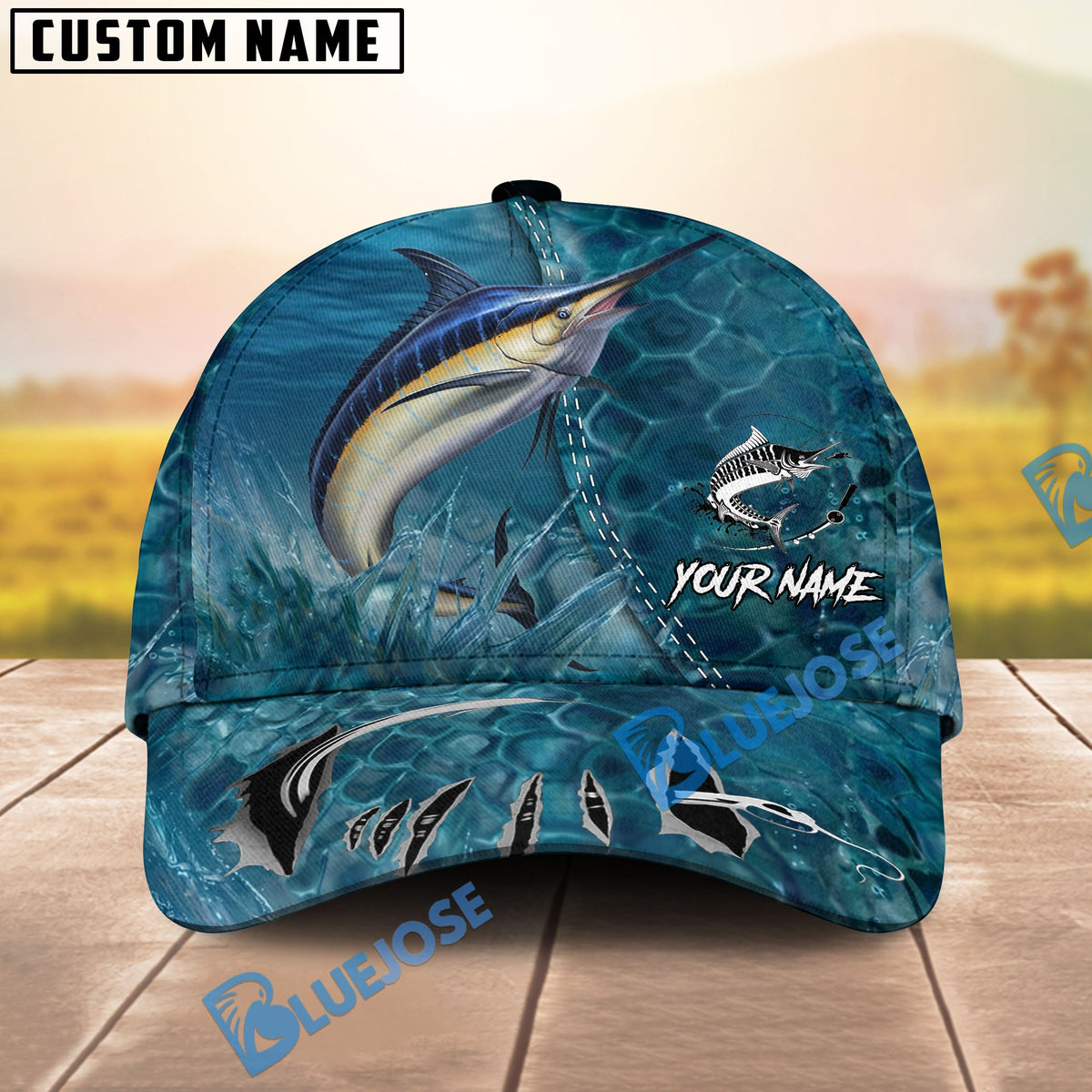 BlueJose Fishing Ocean Blue Underwater Texture Personalized Name Classic 3D Cap (13 Breeds)