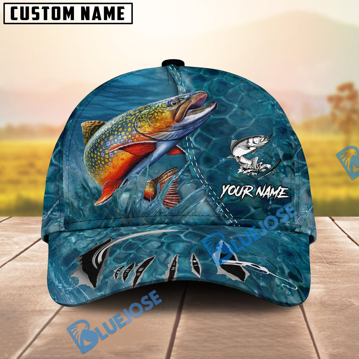 BlueJose Fishing Ocean Blue Underwater Texture Personalized Name Classic 3D Cap (13 Breeds)