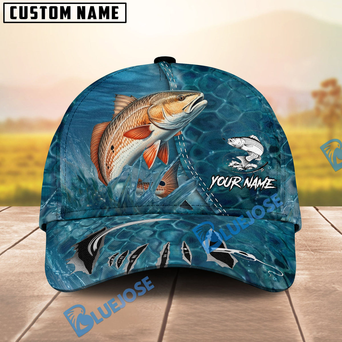 BlueJose Fishing Ocean Blue Underwater Texture Personalized Name Classic 3D Cap (13 Breeds)