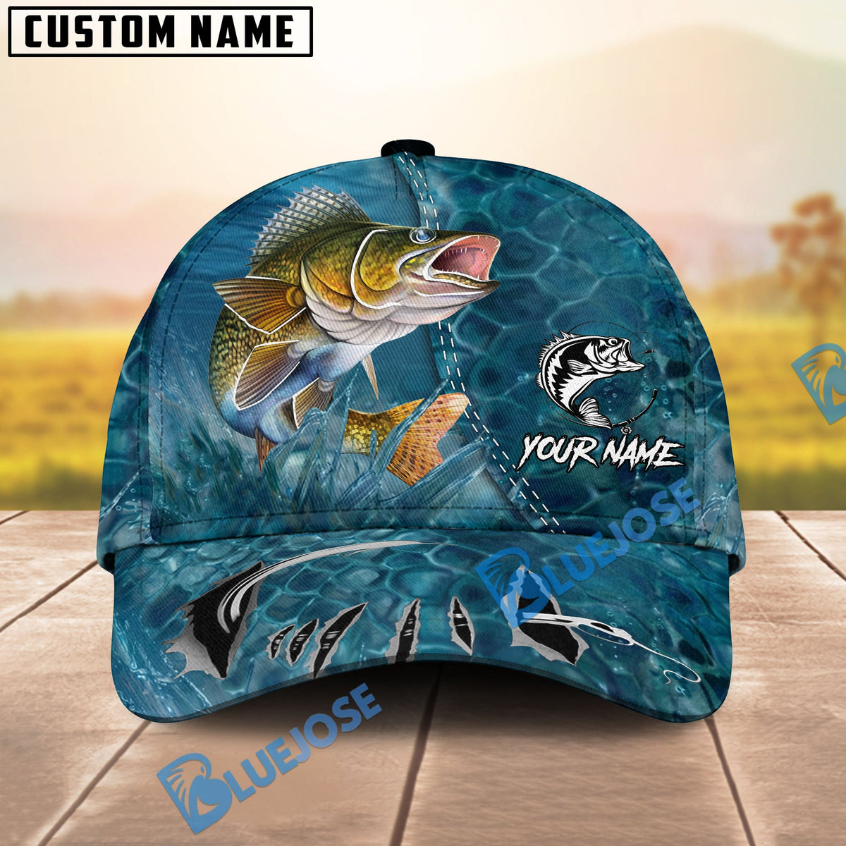 BlueJose Fishing Ocean Blue Underwater Texture Personalized Name Classic 3D Cap (13 Breeds)