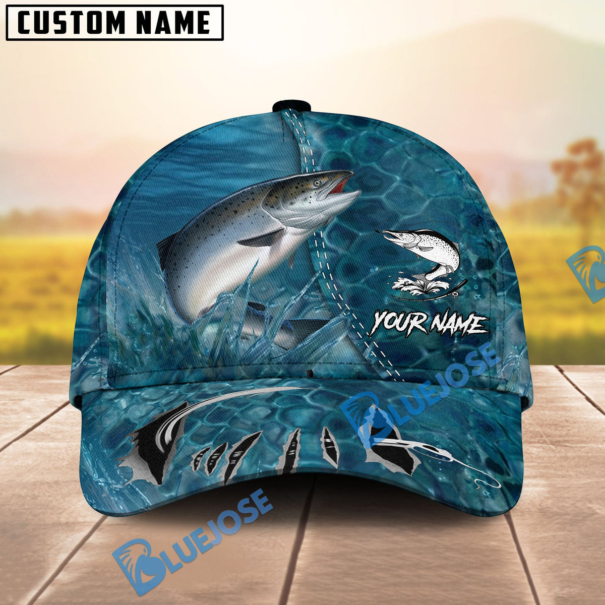 BlueJose Fishing Ocean Blue Underwater Texture Personalized Name Classic 3D Cap (13 Breeds)