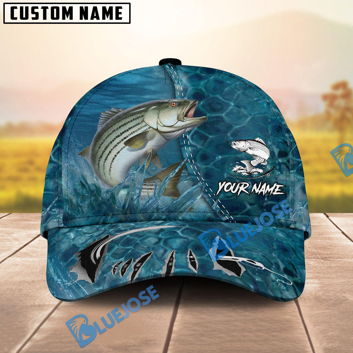 BlueJose Fishing Ocean Blue Underwater Texture Personalized Name Classic 3D Cap (13 Breeds)