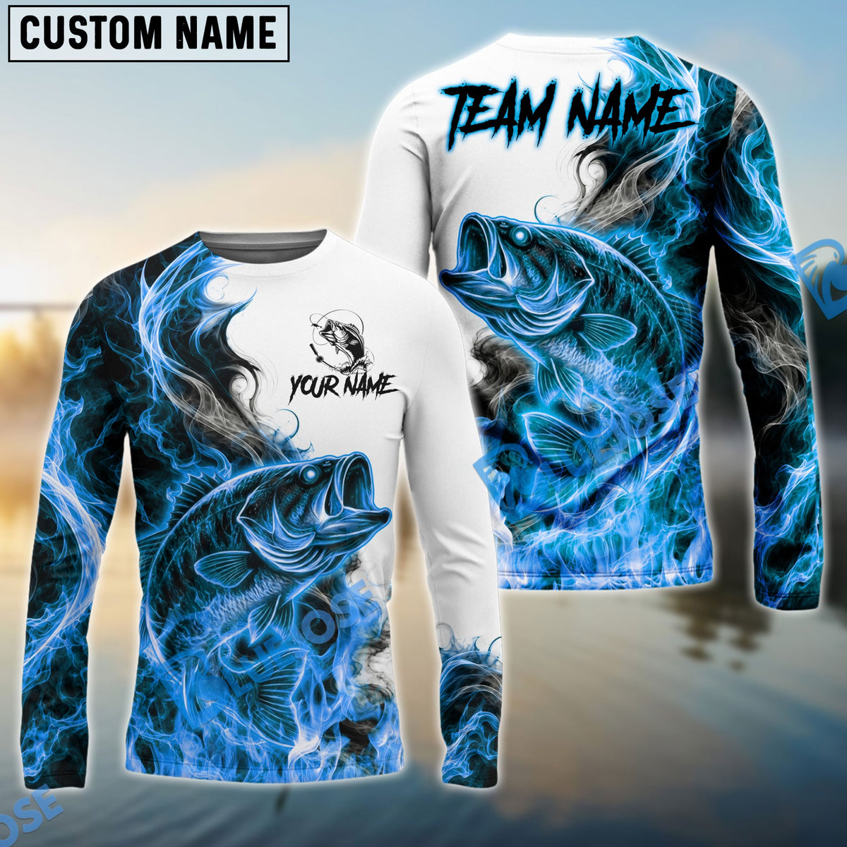 BlueJose Fishing Blue Flame Smoke Design Custom Name & Team Name 3D Shirts (12 Breeds)
