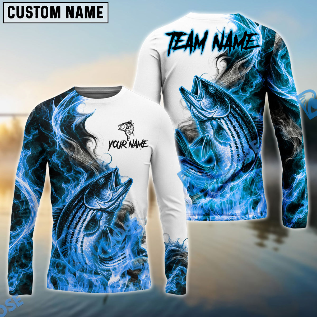 BlueJose Fishing Blue Flame Smoke Design Custom Name & Team Name 3D Shirts (12 Breeds)