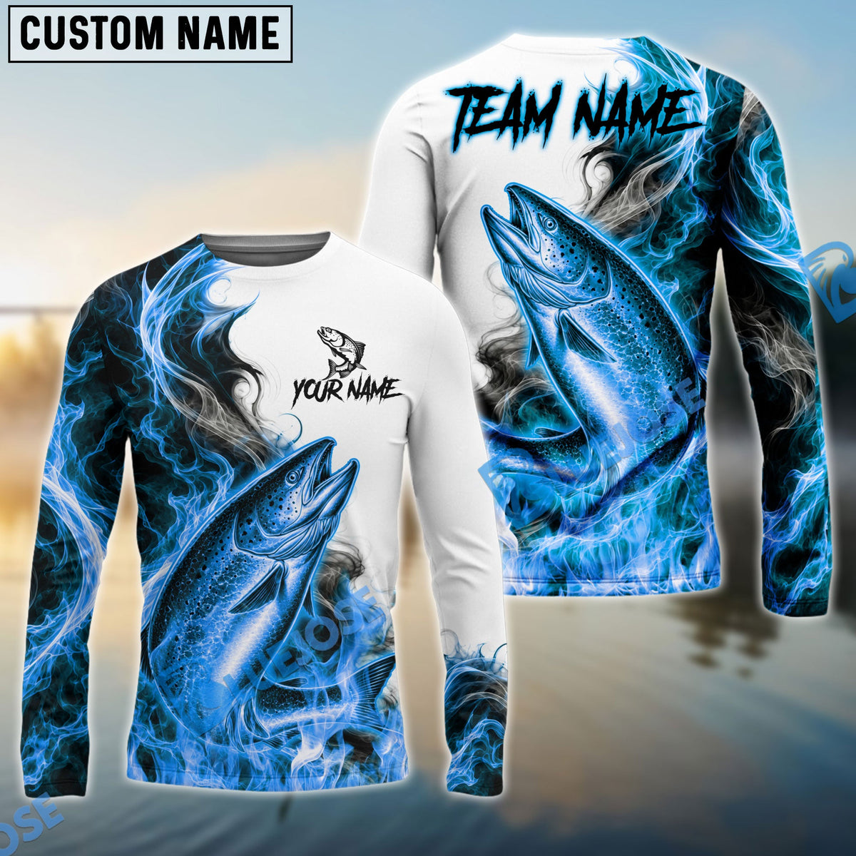 BlueJose Fishing Blue Flame Smoke Design Custom Name & Team Name 3D Shirts (12 Breeds)