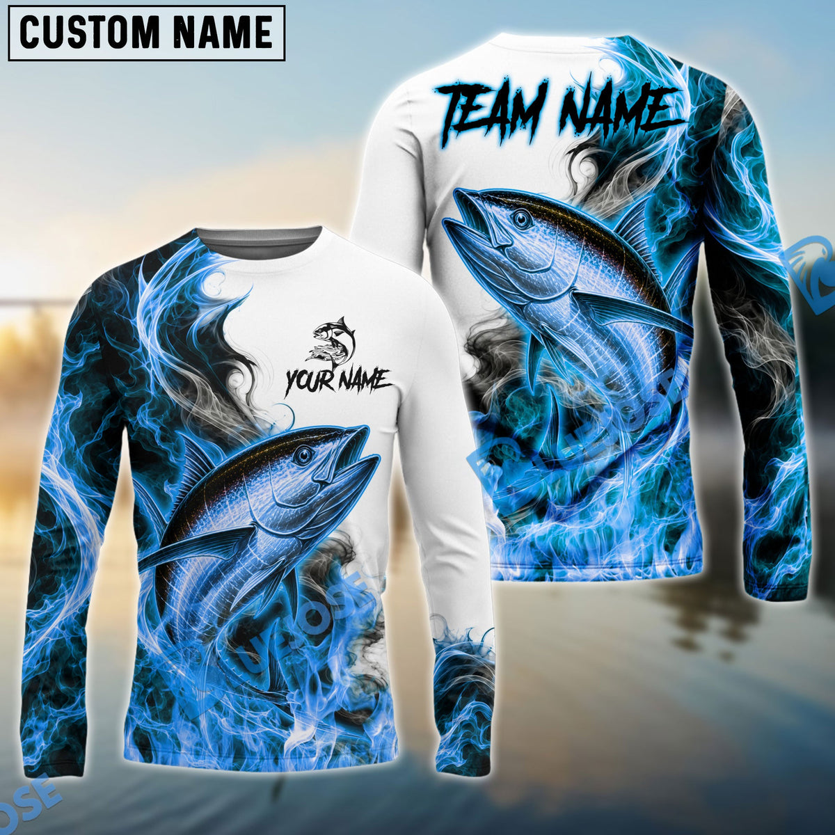 BlueJose Fishing Blue Flame Smoke Design Custom Name & Team Name 3D Shirts (12 Breeds)