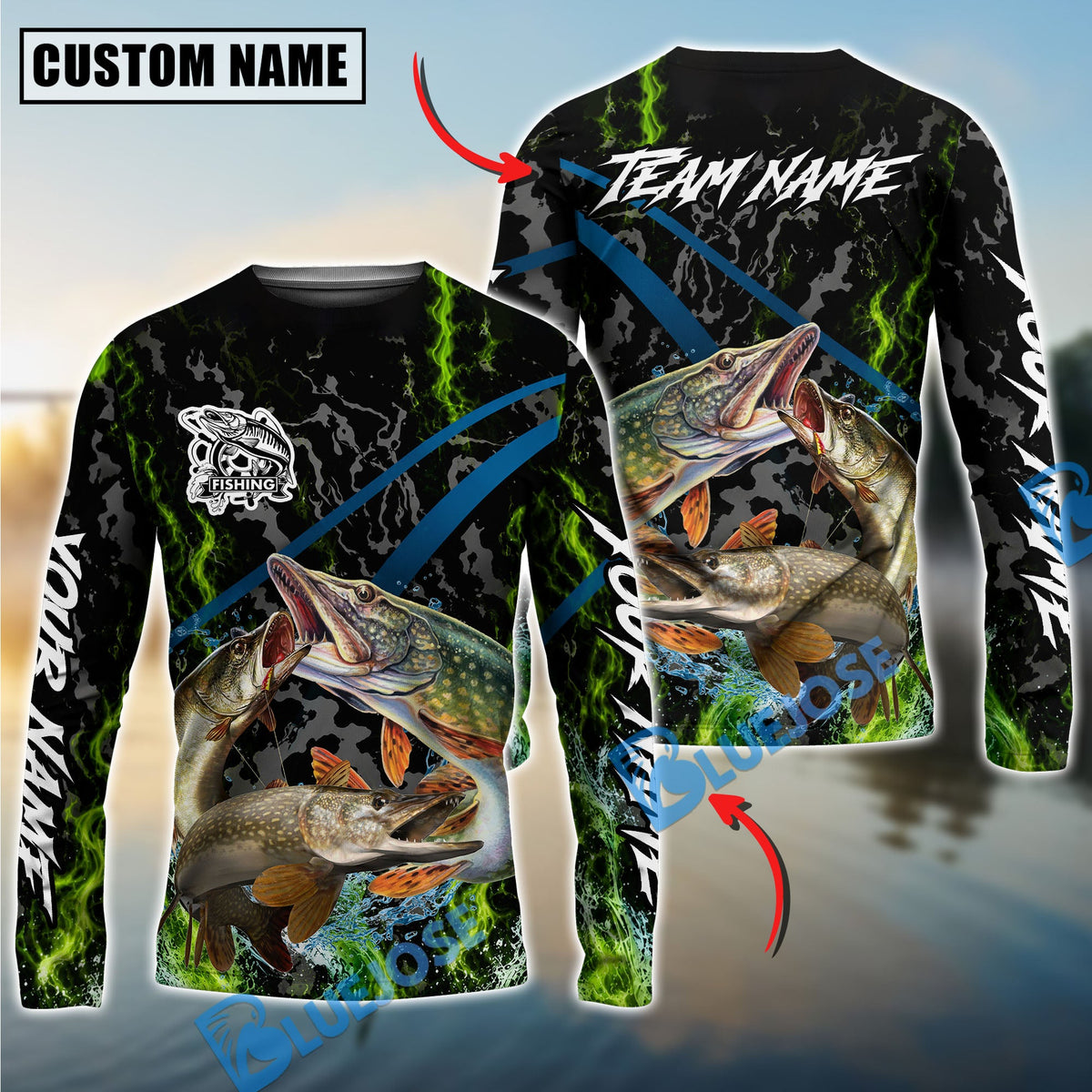 BlueJose Fishing Green Flame Grunge Camo Design Custom Name & Team Name 3D Shirts (12 Breeds)