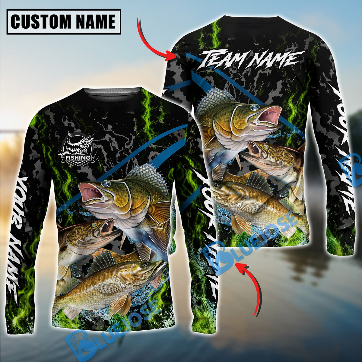 BlueJose Fishing Green Flame Grunge Camo Design Custom Name & Team Name 3D Shirts (12 Breeds)