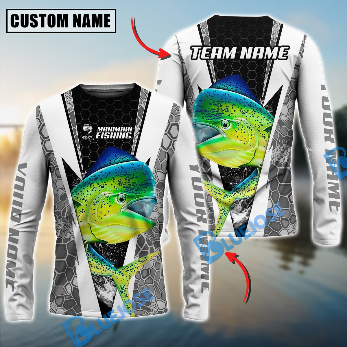 BlueJose Fishing Black White Hexagon Custom Name & Team Name 3D Shirts (12 Breeds)