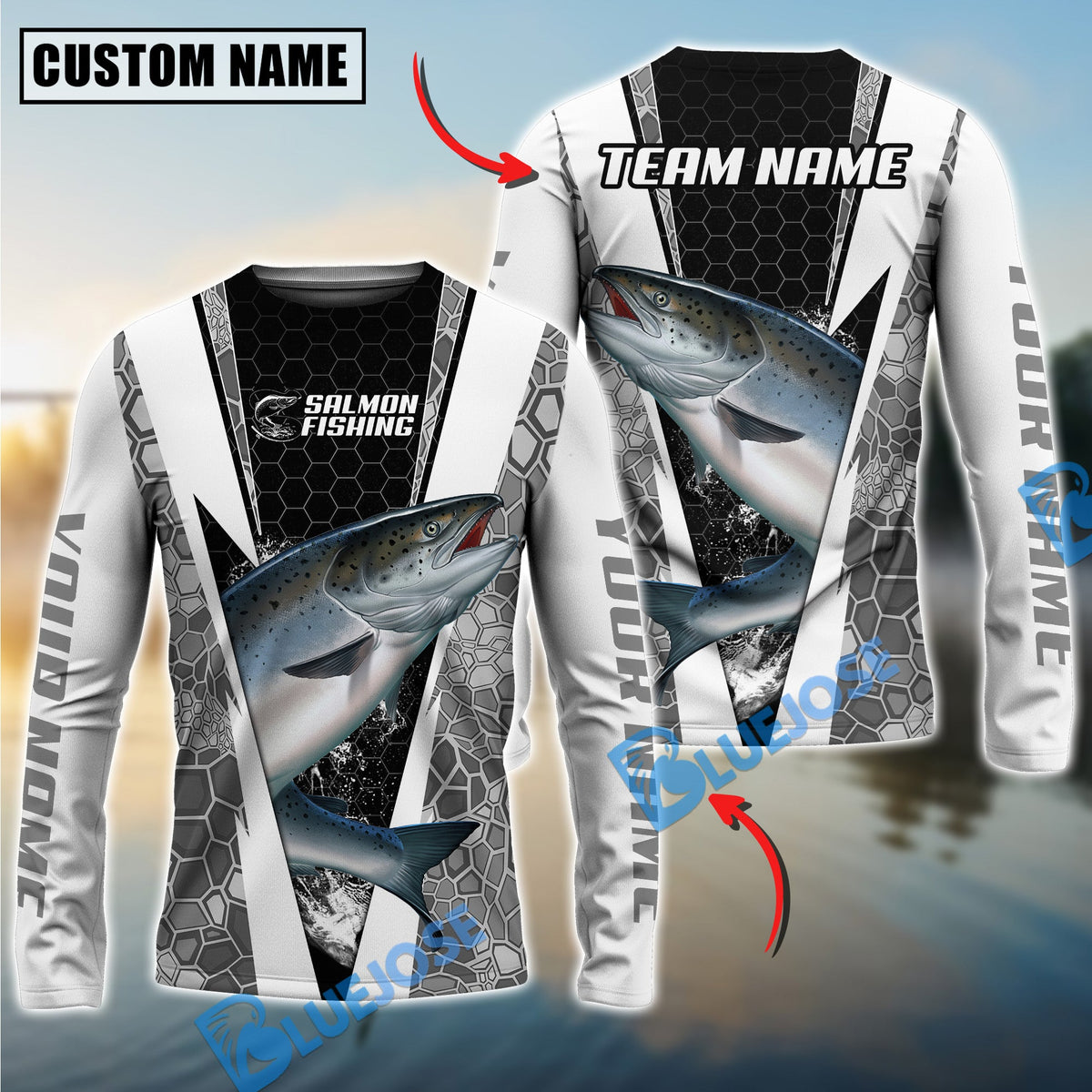 BlueJose Fishing Black White Hexagon Custom Name & Team Name 3D Shirts (12 Breeds)