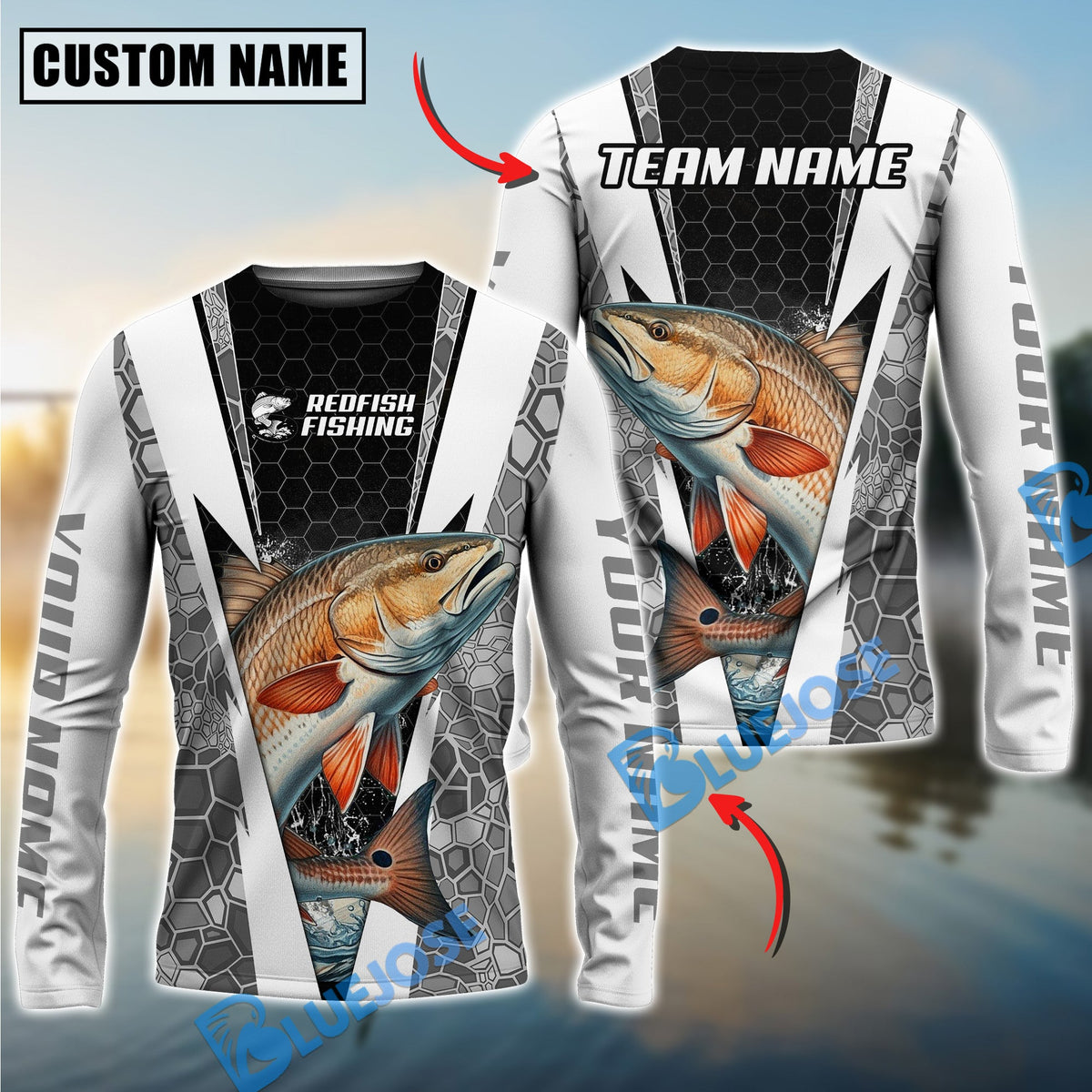 BlueJose Fishing Black White Hexagon Custom Name & Team Name 3D Shirts (12 Breeds)