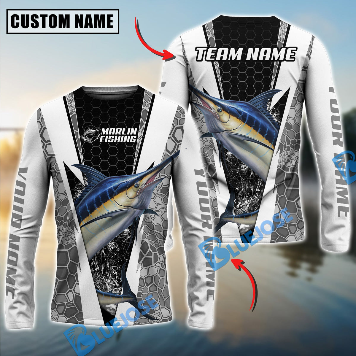 BlueJose Fishing Black White Hexagon Custom Name & Team Name 3D Shirts (12 Breeds)