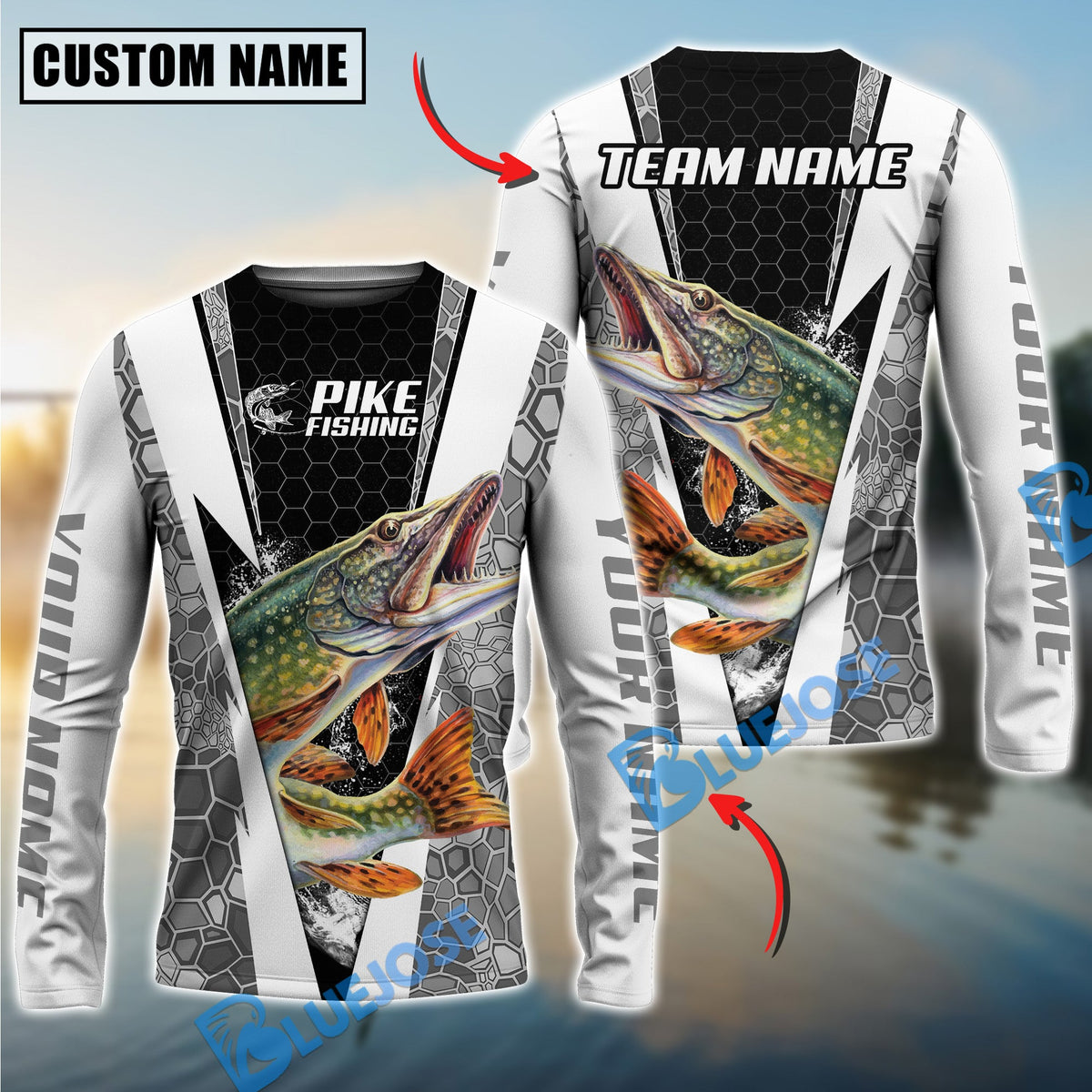 BlueJose Fishing Black White Hexagon Custom Name & Team Name 3D Shirts (12 Breeds)