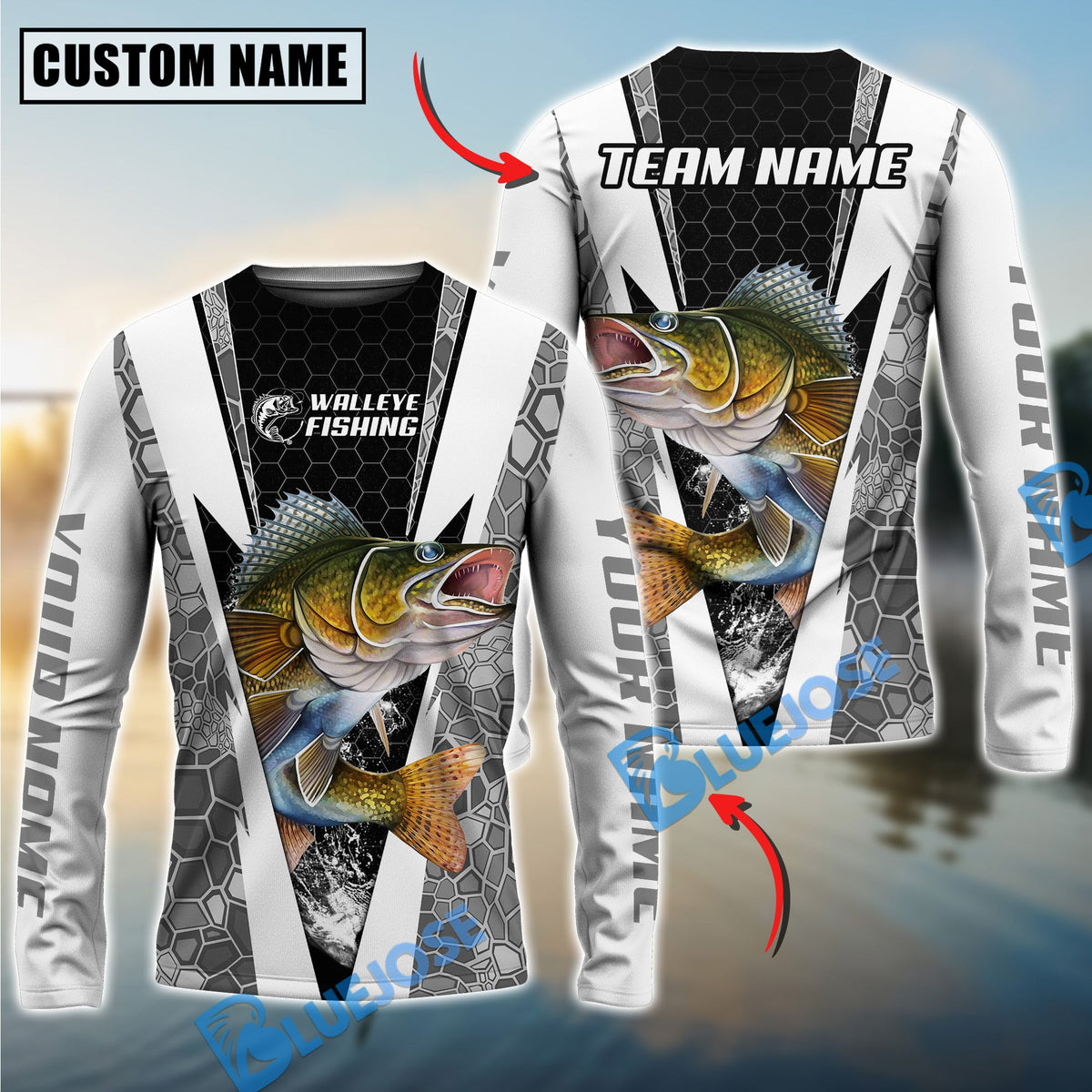 BlueJose Fishing Black White Hexagon Custom Name & Team Name 3D Shirts (12 Breeds)