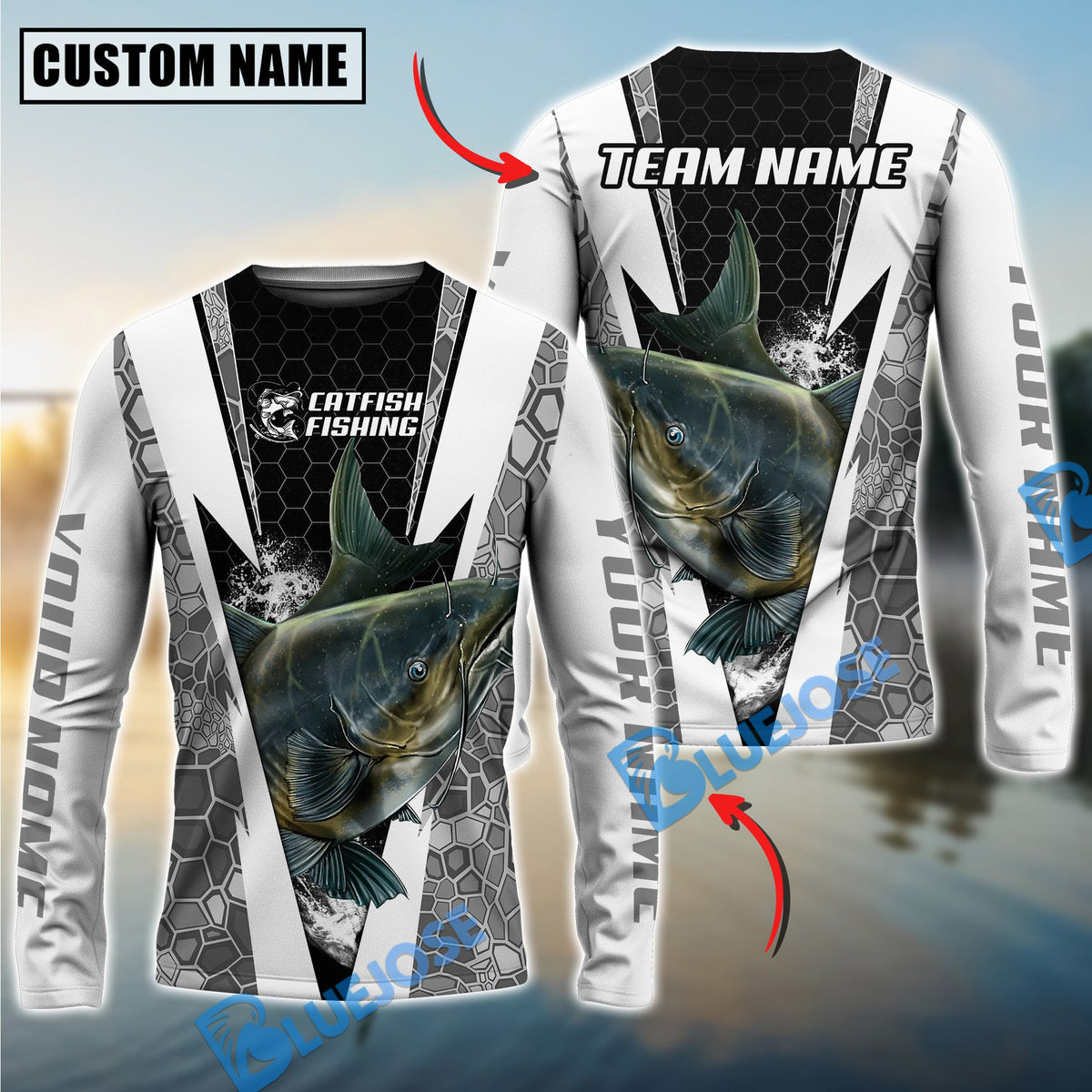 BlueJose Fishing Black White Hexagon Custom Name & Team Name 3D Shirts (12 Breeds)