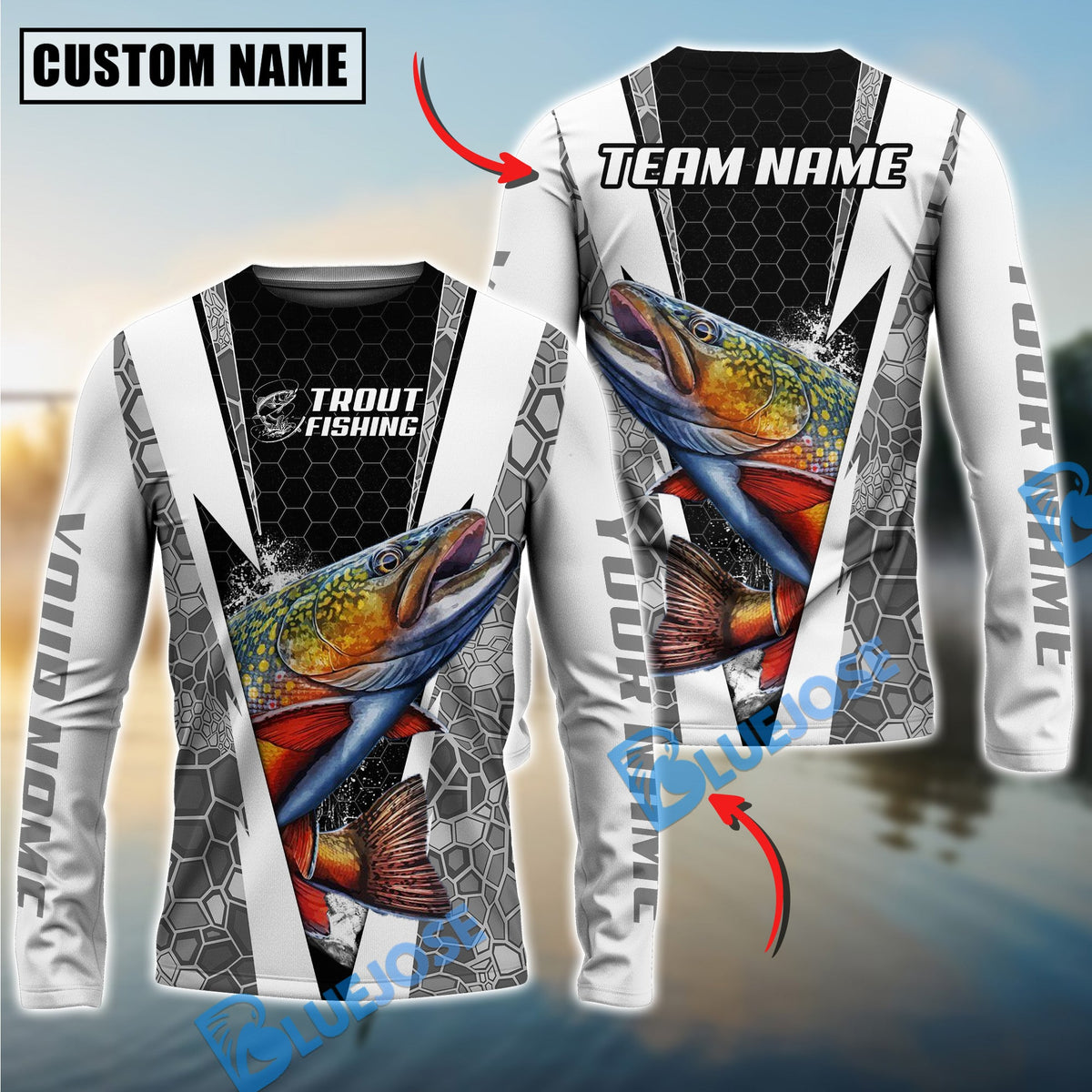 BlueJose Fishing Black White Hexagon Custom Name & Team Name 3D Shirts (12 Breeds)