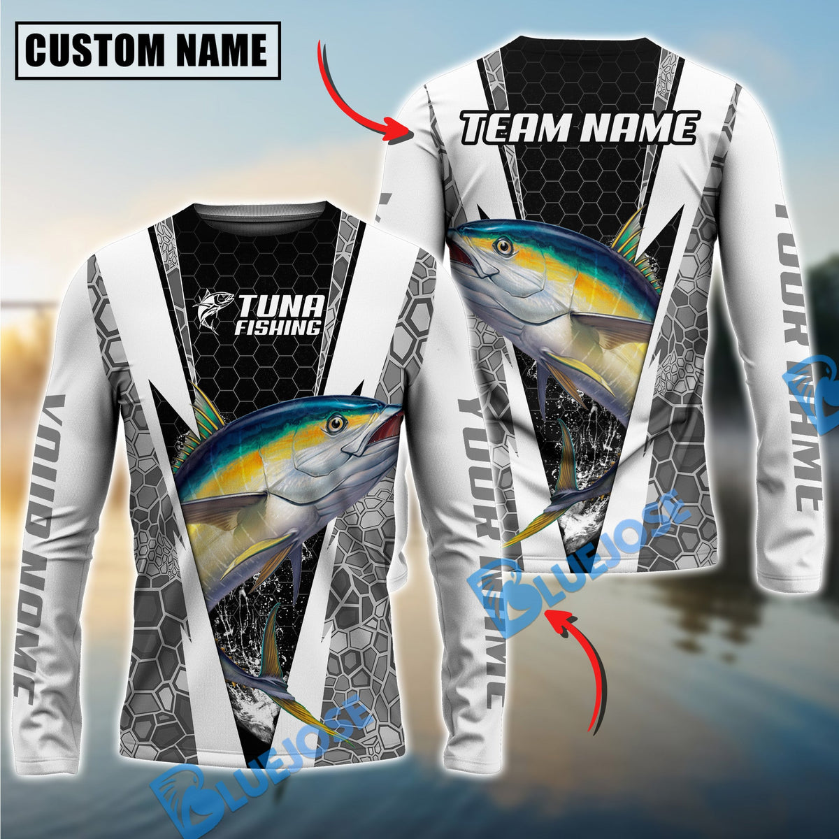 BlueJose Fishing Black White Hexagon Custom Name & Team Name 3D Shirts (12 Breeds)
