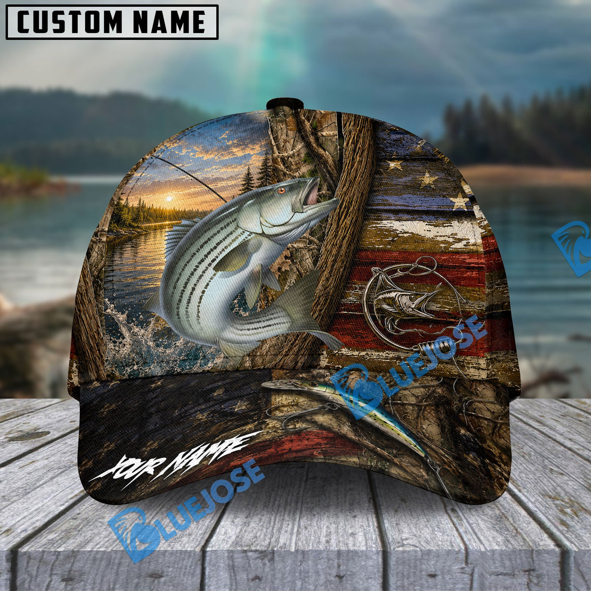 BlueJose Fishing Rustic Wooden American Flag Personalized Name Classic 3D Cap (13 Breeds)