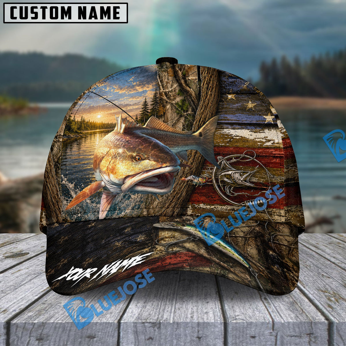 BlueJose Fishing Rustic Wooden American Flag Personalized Name Classic 3D Cap (13 Breeds)