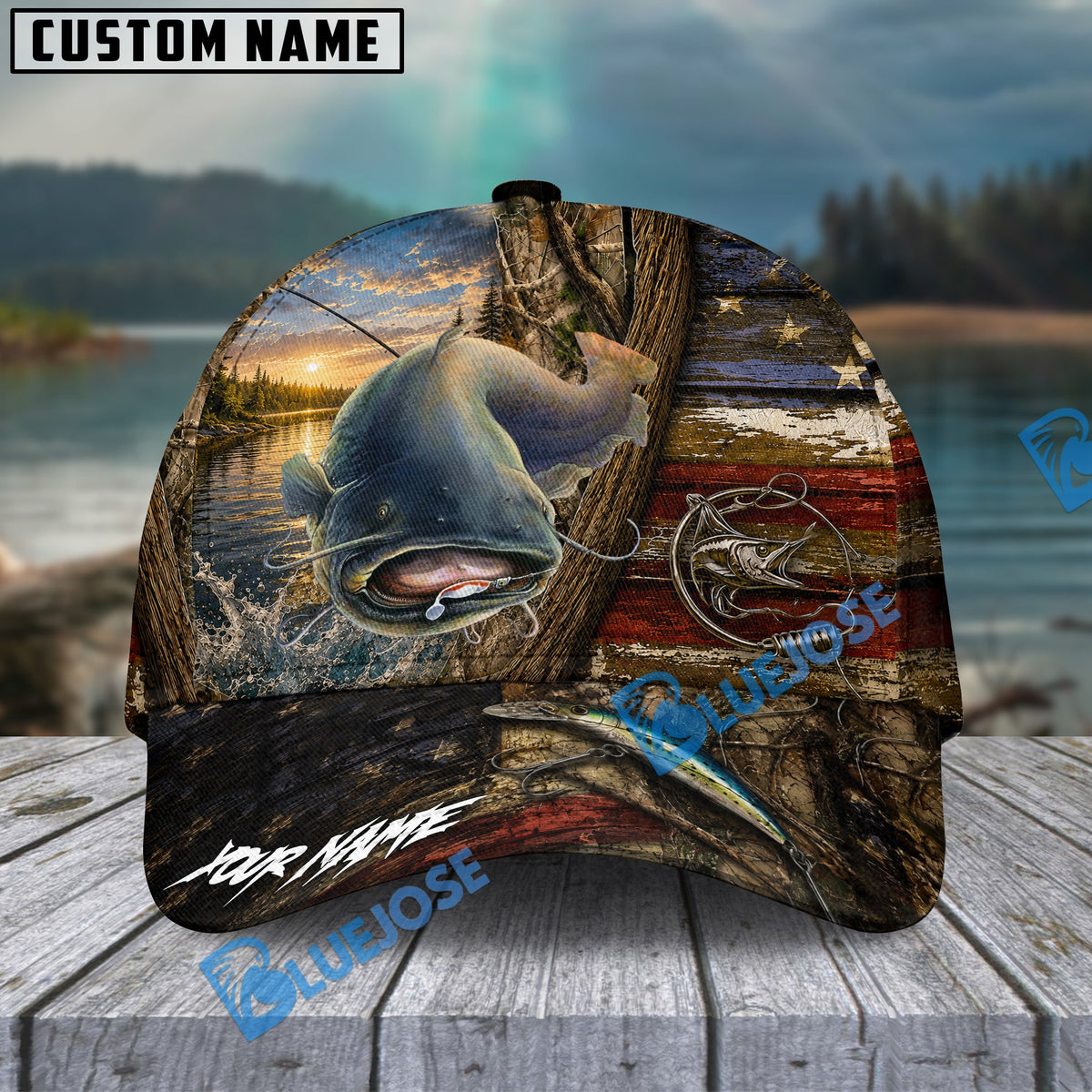 BlueJose Fishing Rustic Wooden American Flag Personalized Name Classic 3D Cap (13 Breeds)