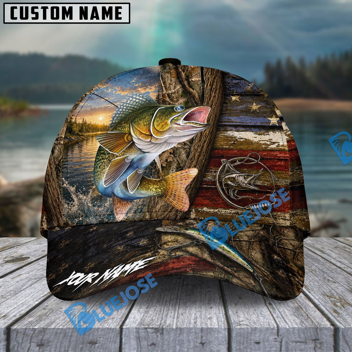 BlueJose Fishing Rustic Wooden American Flag Personalized Name Classic 3D Cap (13 Breeds)