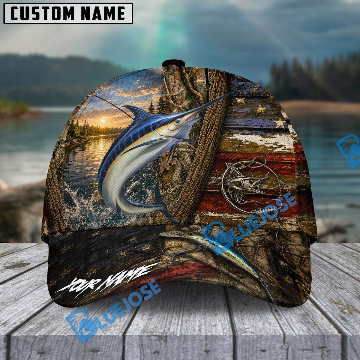 BlueJose Fishing Rustic Wooden American Flag Personalized Name Classic 3D Cap (13 Breeds)