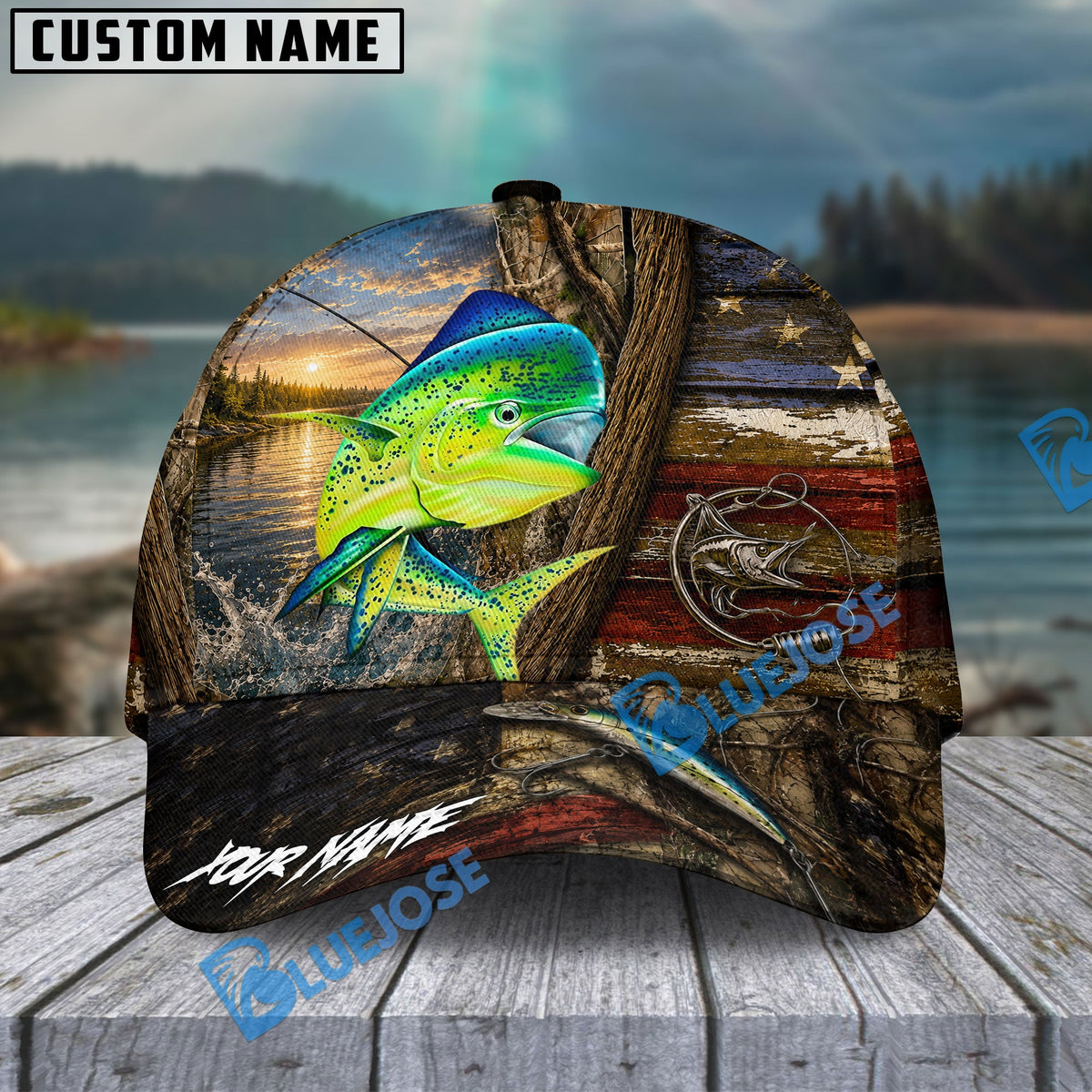 BlueJose Fishing Rustic Wooden American Flag Personalized Name Classic 3D Cap (13 Breeds)