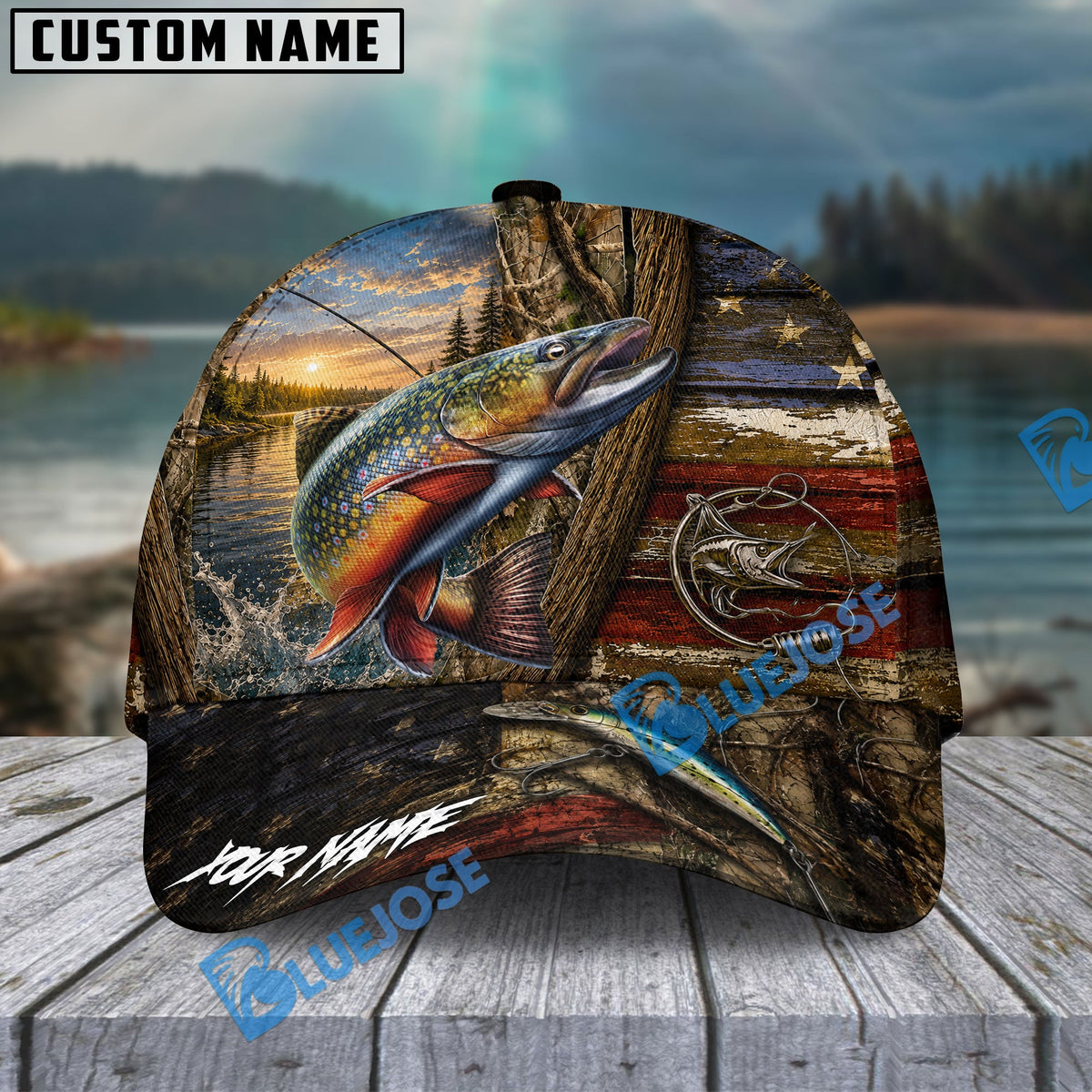 BlueJose Fishing Rustic Wooden American Flag Personalized Name Classic 3D Cap (13 Breeds)