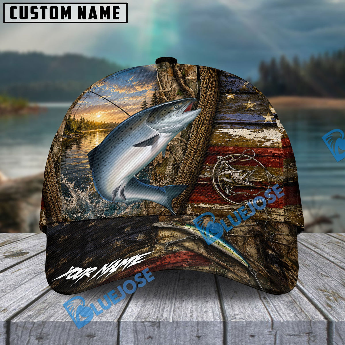 BlueJose Fishing Rustic Wooden American Flag Personalized Name Classic 3D Cap (13 Breeds)