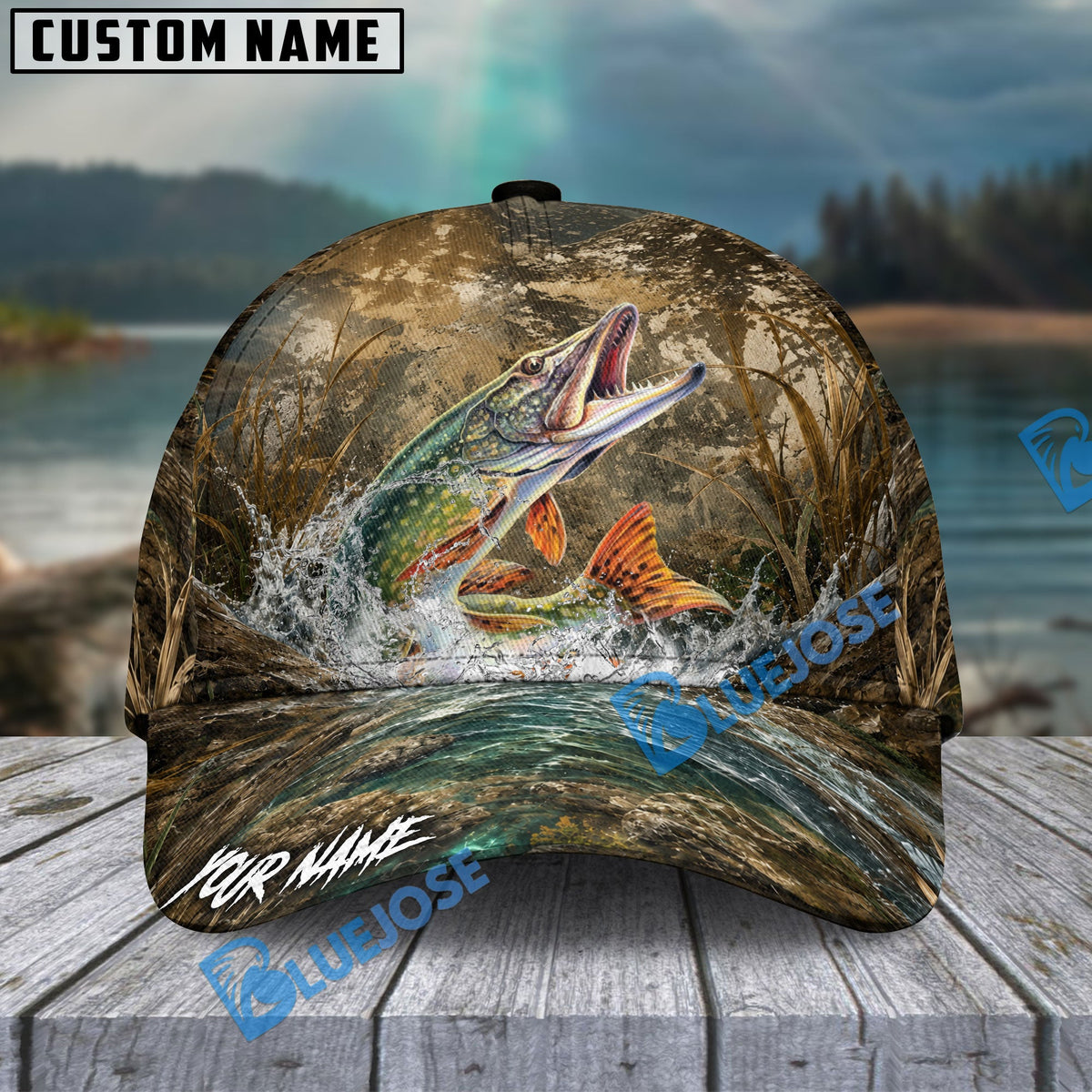 BlueJose Fishing Camo Splash Lure Personalized Name Classic 3D Cap (13 Breeds)