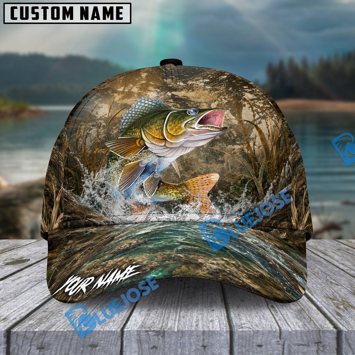 BlueJose Fishing Camo Splash Lure Personalized Name Classic 3D Cap (13 Breeds)