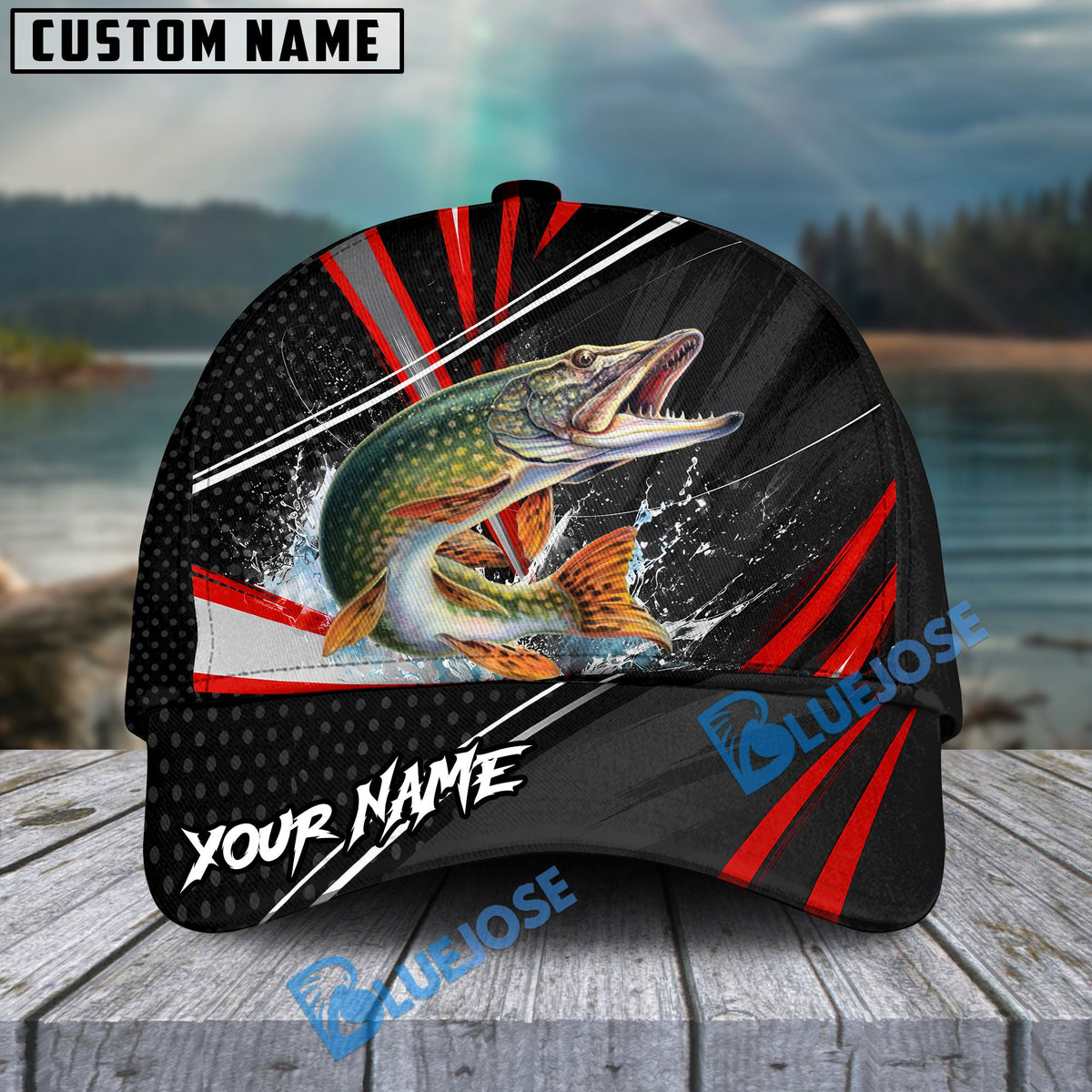 BlueJose Fishing Red White Tornado Graphic Personalized Name Classic 3D Cap (13 Breeds)