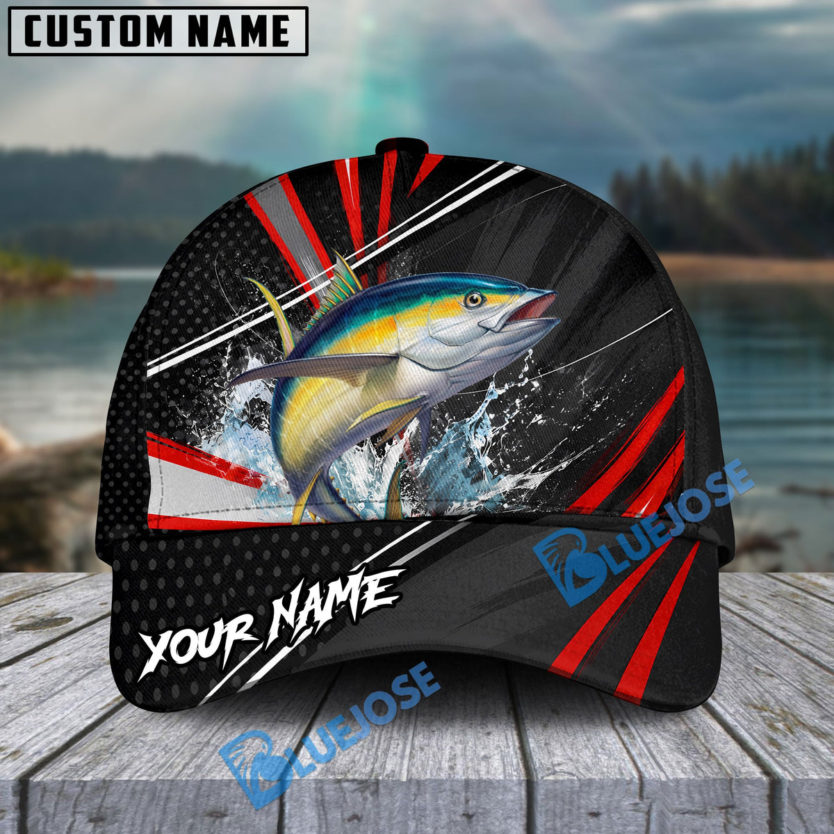 BlueJose Fishing Red White Tornado Graphic Personalized Name Classic 3D Cap (13 Breeds)