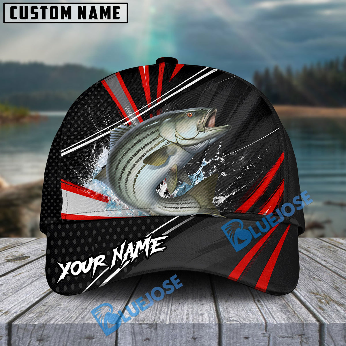 BlueJose Fishing Red White Tornado Graphic Personalized Name Classic 3D Cap (13 Breeds)
