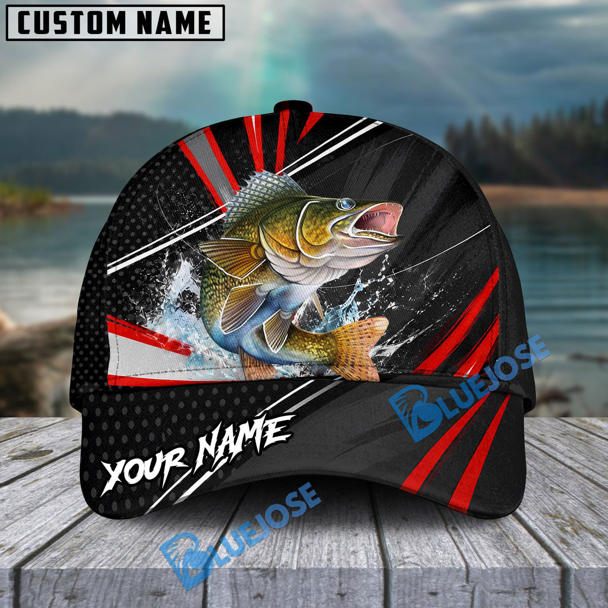 BlueJose Fishing Red White Tornado Graphic Personalized Name Classic 3D Cap (13 Breeds)