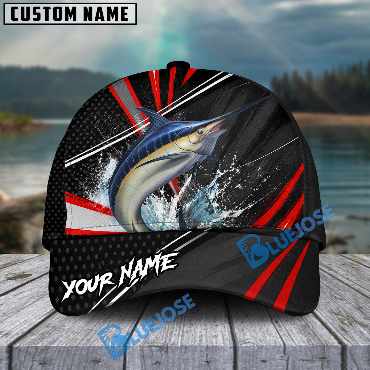 BlueJose Fishing Red White Tornado Graphic Personalized Name Classic 3D Cap (13 Breeds)