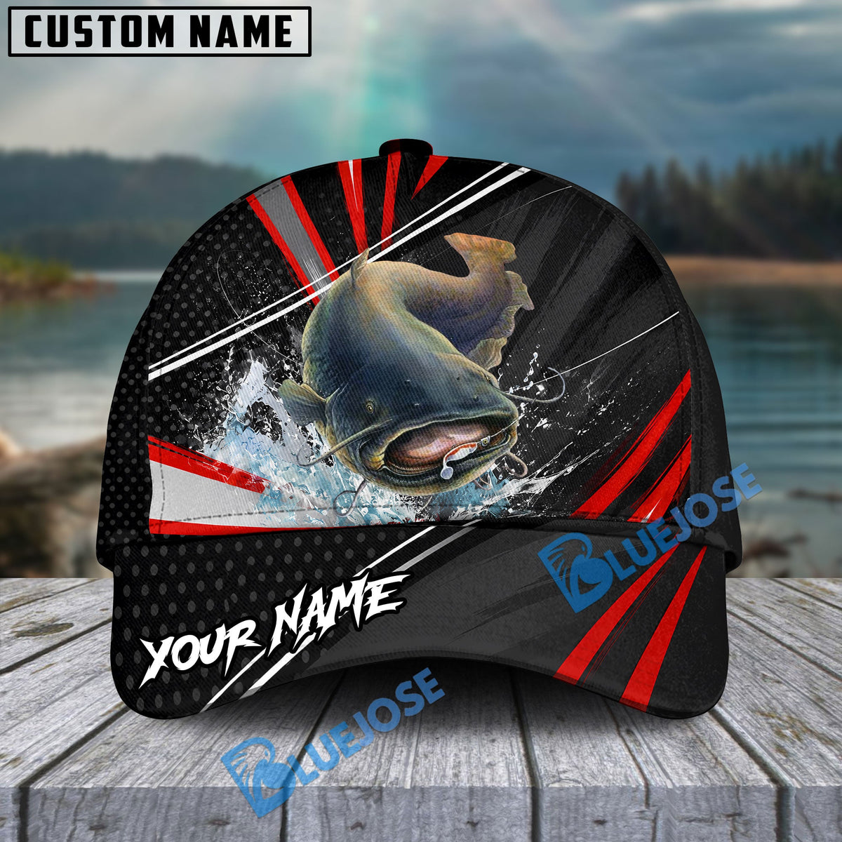 BlueJose Fishing Red White Tornado Graphic Personalized Name Classic 3D Cap (13 Breeds)
