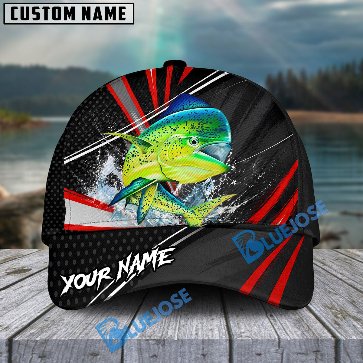 BlueJose Fishing Red White Tornado Graphic Personalized Name Classic 3D Cap (13 Breeds)