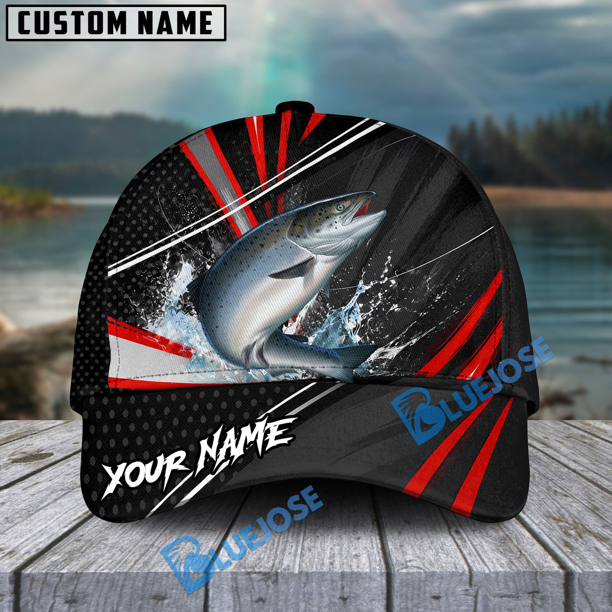 BlueJose Fishing Red White Tornado Graphic Personalized Name Classic 3D Cap (13 Breeds)