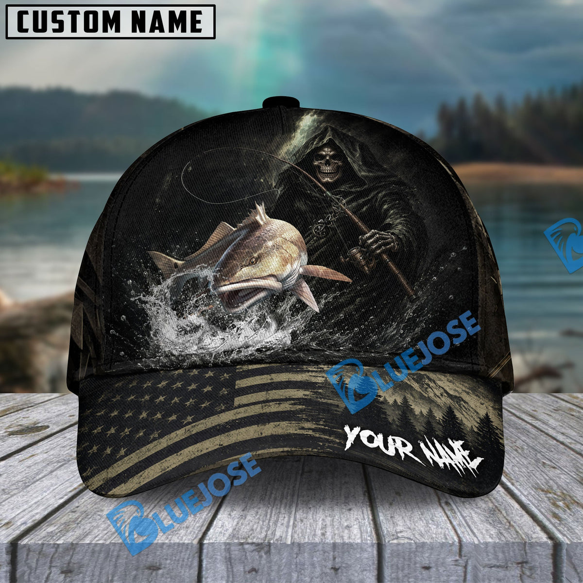 BlueJose Fishing Reaper Dark American Flag Personalized Name Classic 3D Cap (13 Breeds)